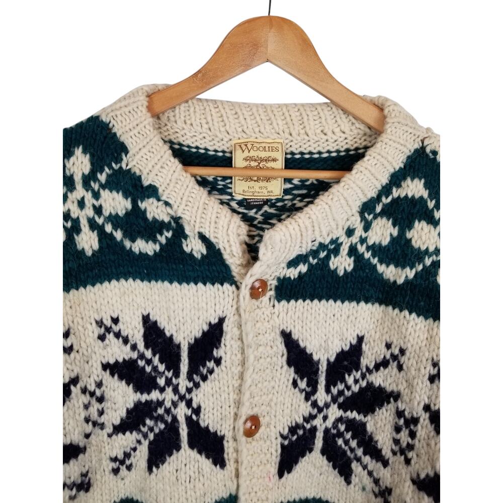 Woolies Unisex Hand Knit In Equador Cardigan Sweater Cream Green Navy Blue Large - Picture 4 of 8
